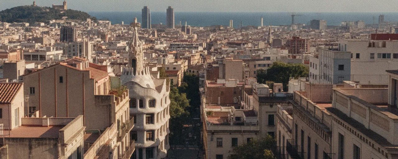 Daytime view of Barcelona cityscape, featuring Gaudi's Casa Milà, rooftops, and the Mediterranean Sea, ideal for sustainable travel.