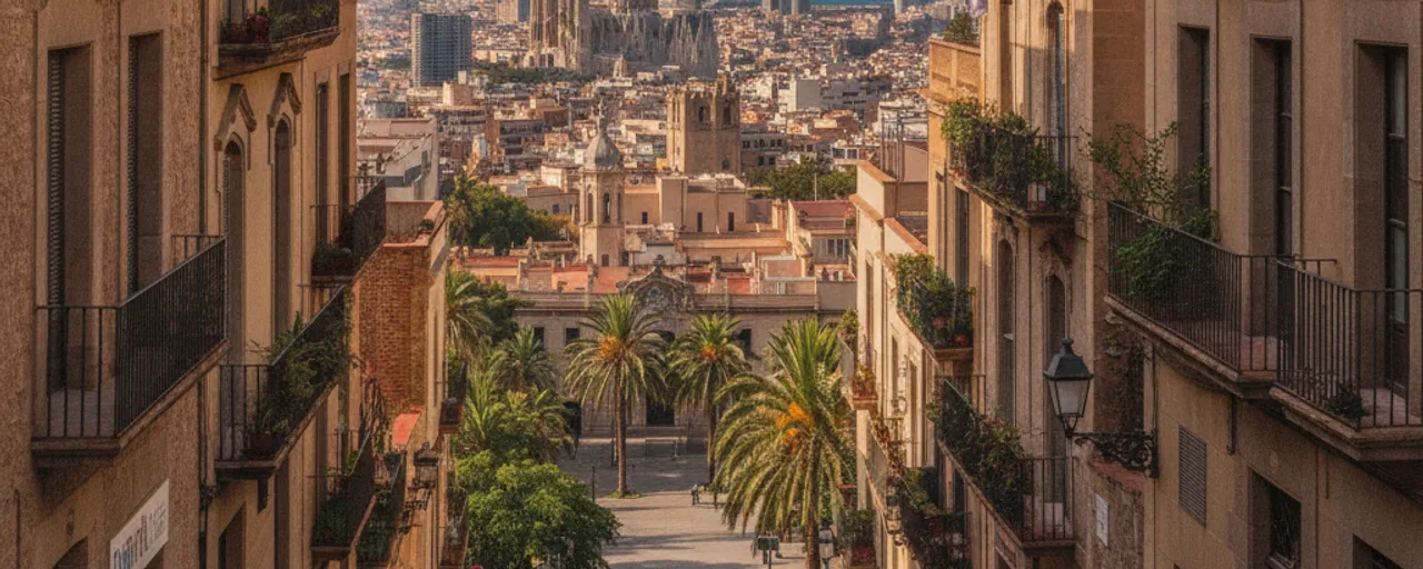 Charming Barcelona street vista with palm trees, historic architecture, and distant city views, reflecting sustainable travel.