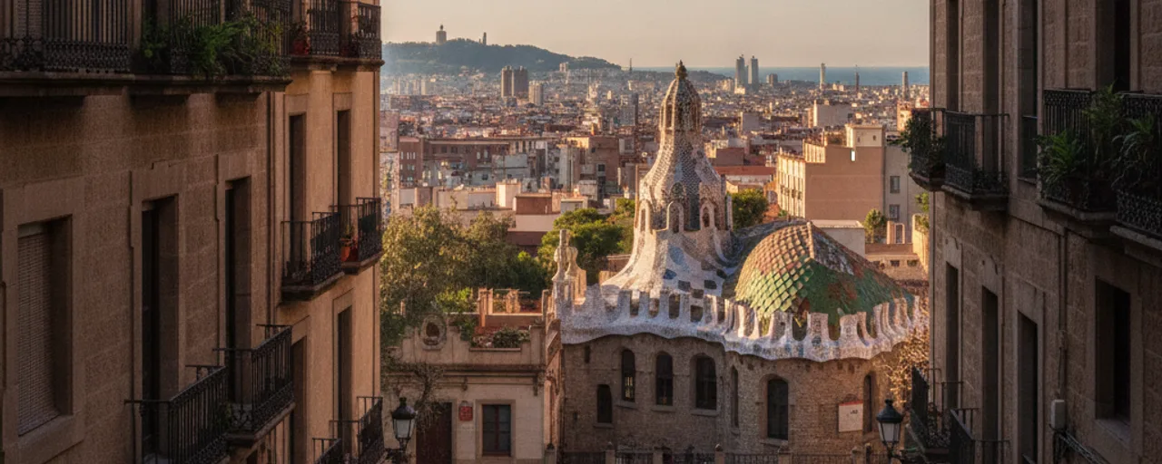 Barcelona's iconic architecture featuring a mosaic-tiled building with the cityscape and distant sea, inspiring sustainable travel.