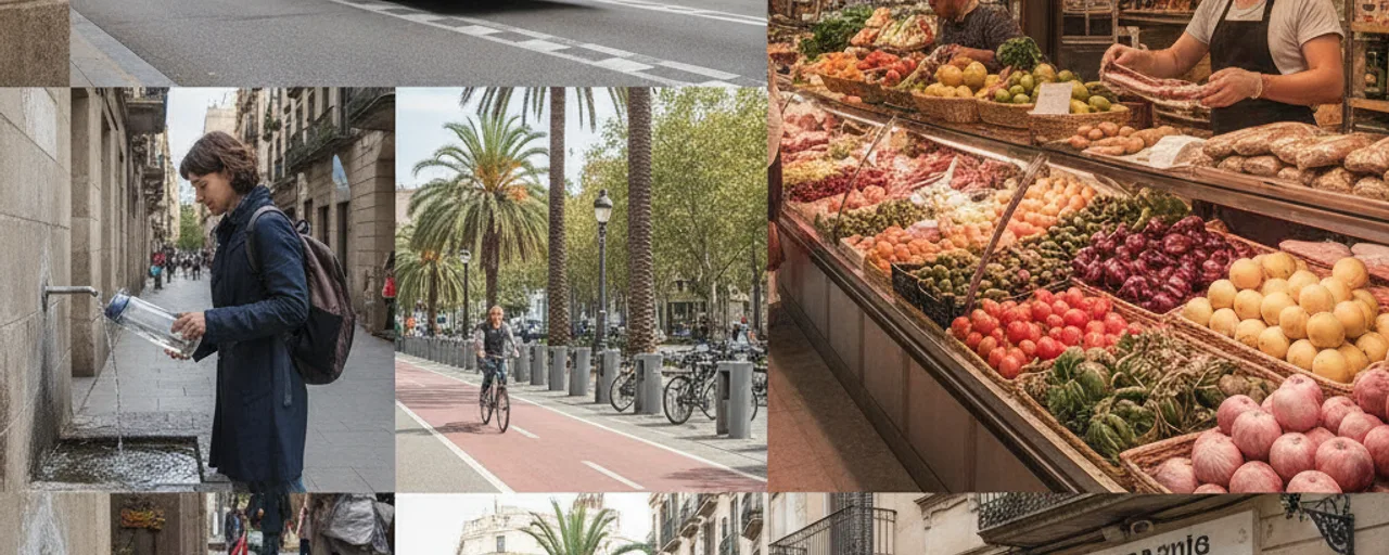 Barcelona sustainable travel: Woman refilling bottle at fountain, cyclist on path, and vibrant market with fresh produce.