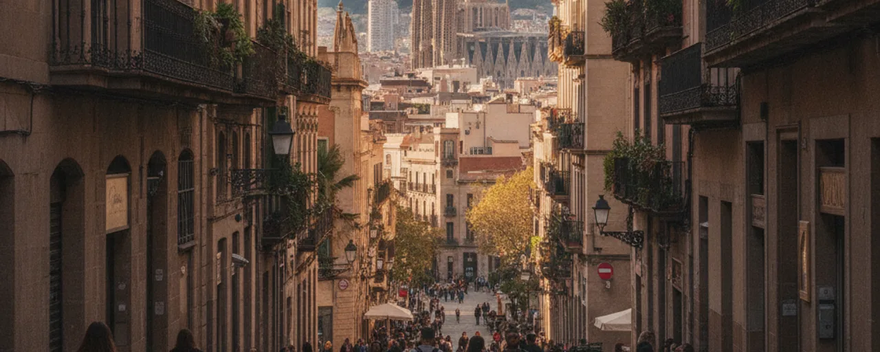 Historic Barcelona street bustling with pedestrians, featuring traditional architecture and distant Sagrada Familia, ideal for sustainable travel.