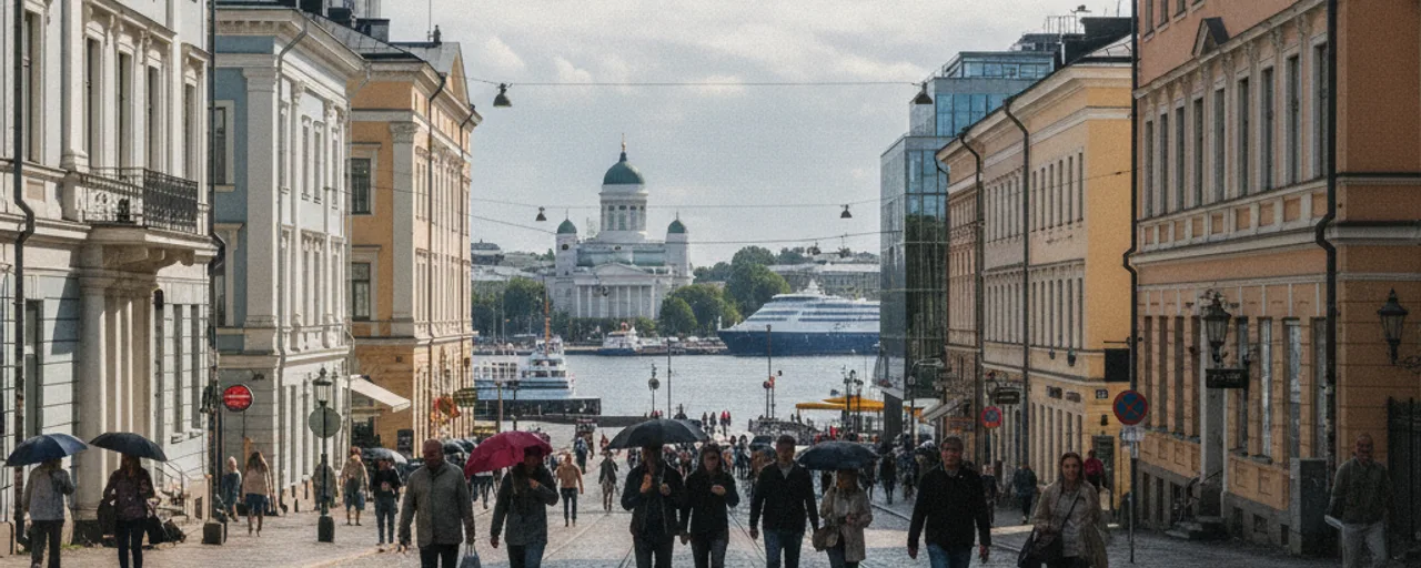 People walking on a historic cobblestone street in Helsinki, with the iconic Helsinki Cathedral and harbor view, reflecting sustainable urban living.