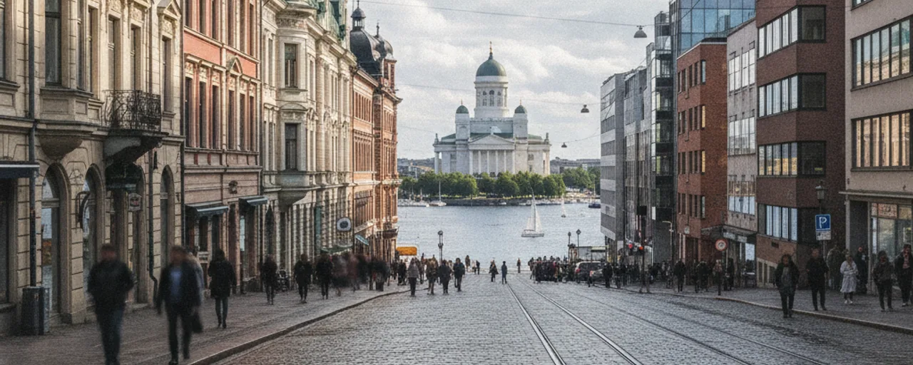 Bustling Helsinki city street scene with historic architecture, tram lines, and the iconic Helsinki Cathedral view.