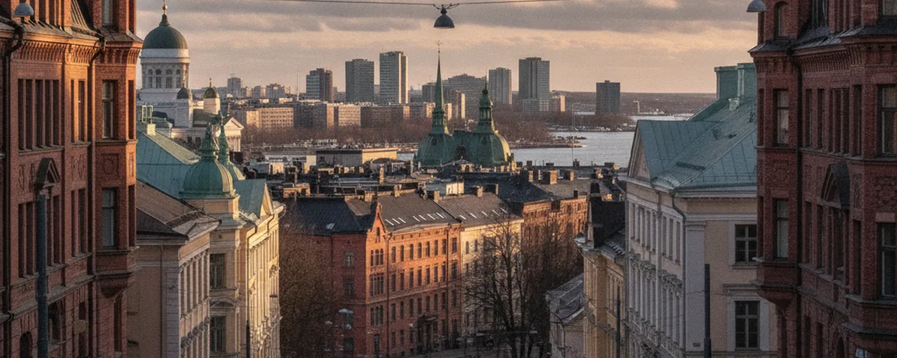 Historic buildings and modern skyline of Helsinki by the water, featuring classic domes and diverse urban architecture.