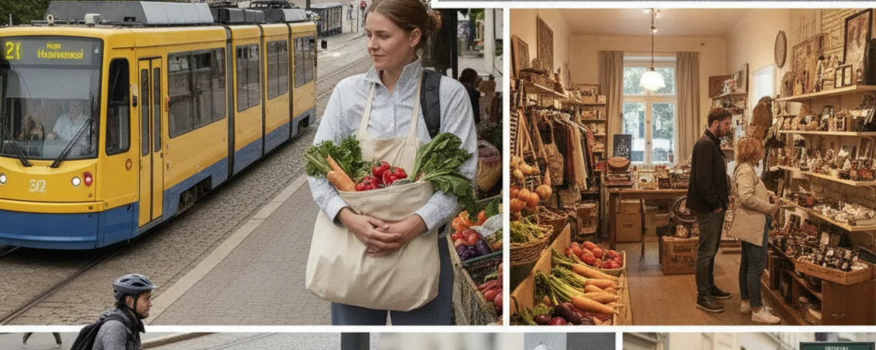 Woman with reusable bag of fresh produce near a yellow tram in Helsinki, depicting sustainable travel and local shopping experiences.