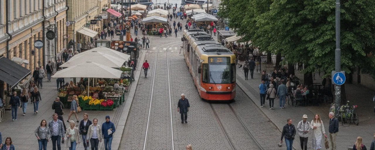 Vibrant street scene in Helsinki with a tram, bustling market stalls, and pedestrians, showcasing sustainable urban life.