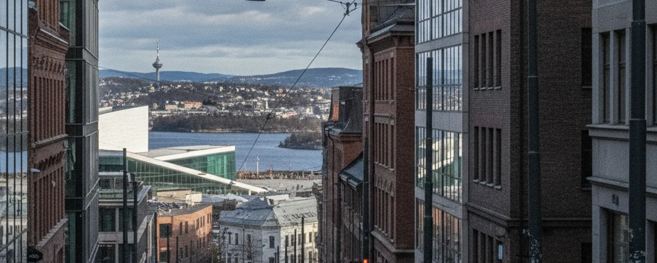 Urban Oslo view with modern and historic architecture, city fjord, and Holmenkollen tower, ideal for Oslo sustainable travel.