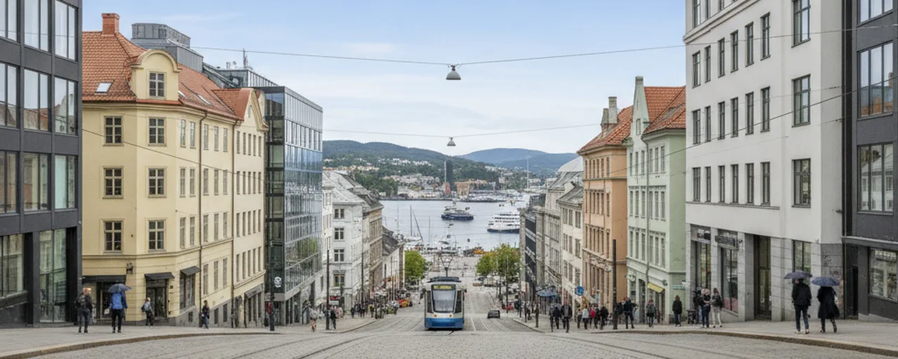 Vibrant Oslo street scene with diverse architecture, a tram, and people walking towards the scenic Oslo Fjord, representing sustainable urban travel.