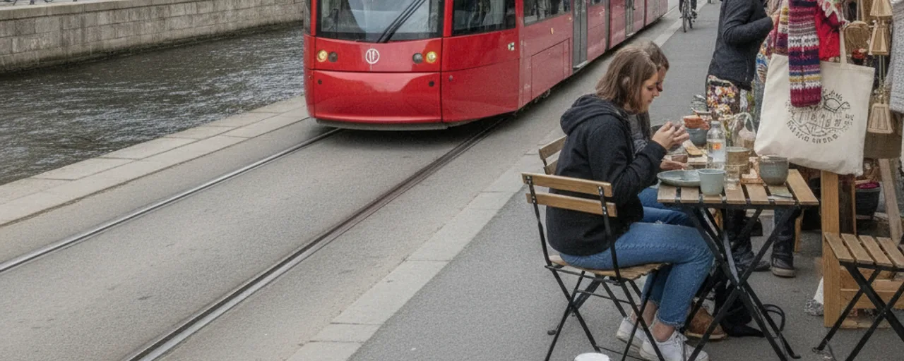 Tourists enjoy an outdoor cafe meal beside a canal in Oslo, with a red tram passing by, embodying Oslo sustainable travel.