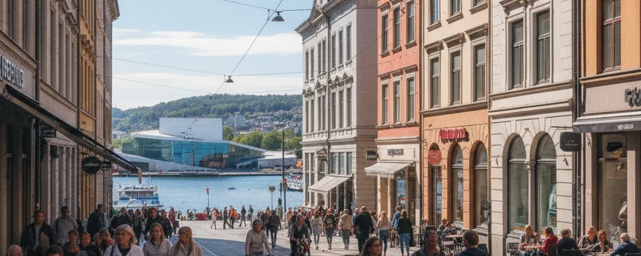 Bustling Oslo street with historic buildings, pedestrians, and the waterfront in the background, promoting Oslo sustainable travel.