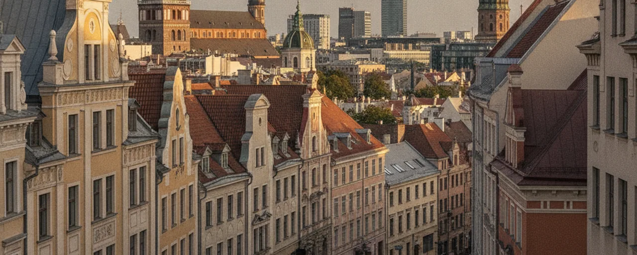 Historic Riga cityscape with ornate gabled buildings and diverse rooftops, showcasing its heritage for sustainable travel.