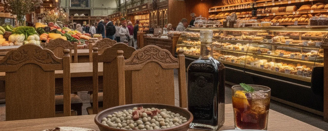 Bustling Riga food market interior with fresh produce, bakery, and traditional drinks, highlighting sustainable travel options.