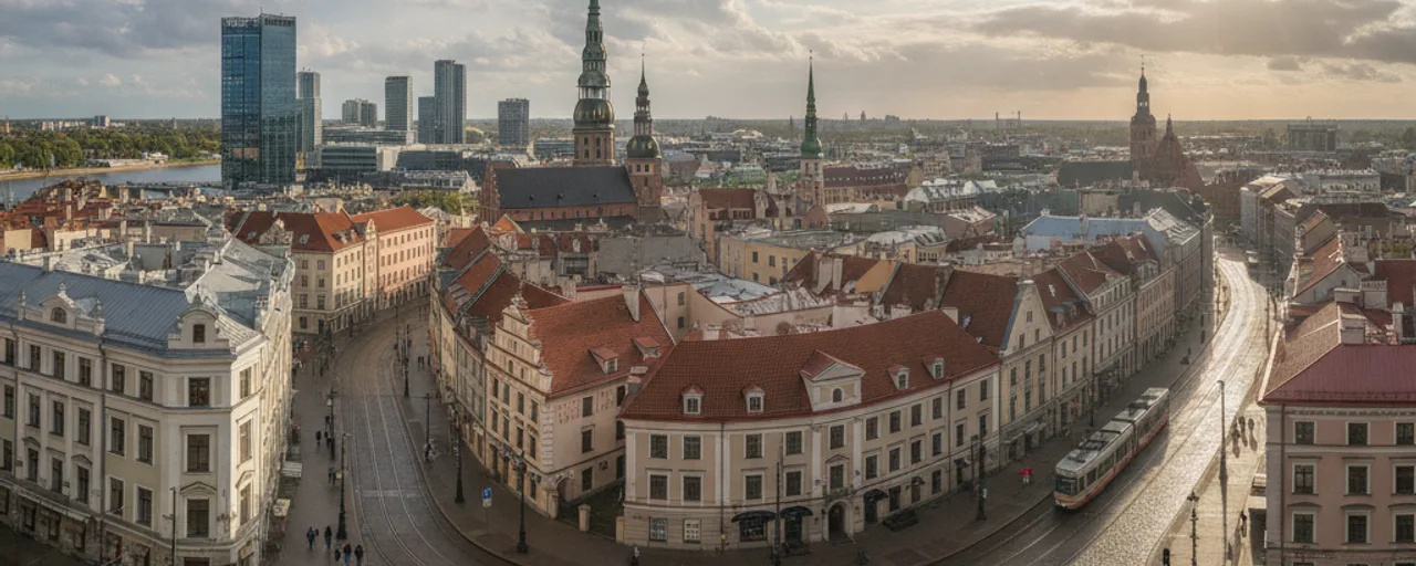 Panoramic view of Riga's historic Old Town and Daugava River, showcasing sustainable urban development and a tram.