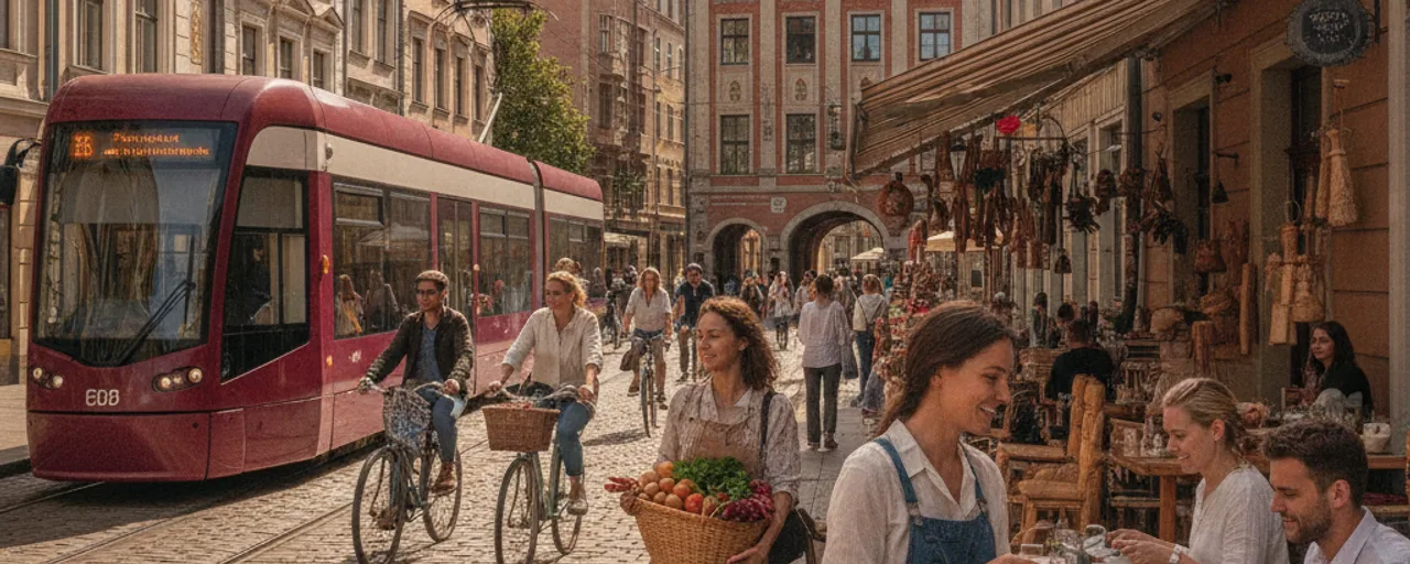 Cobblestone street in Riga bustling with cyclists, a modern tram, and people enjoying outdoor cafes, highlighting Riga sustainable travel.