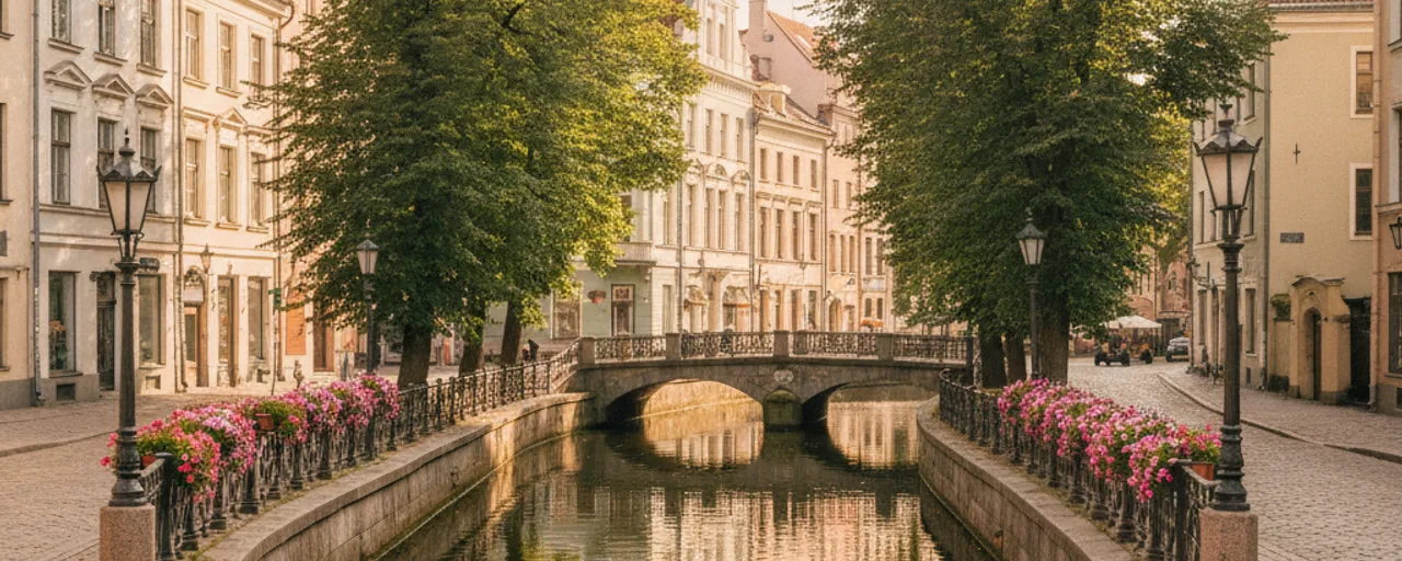 Charming canal in Riga lined with historic buildings, lush trees, and vibrant pink flowers on bridge railings.