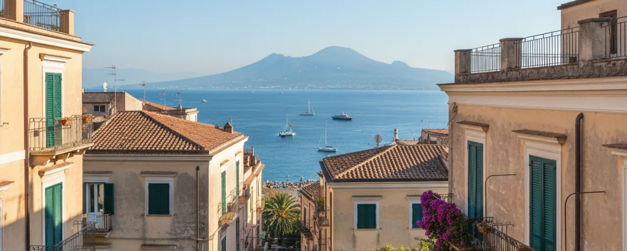 Sorrento town buildings overlooking the tranquil Bay of Naples with Mount Vesuvius, perfect for sustainable travel exploration.