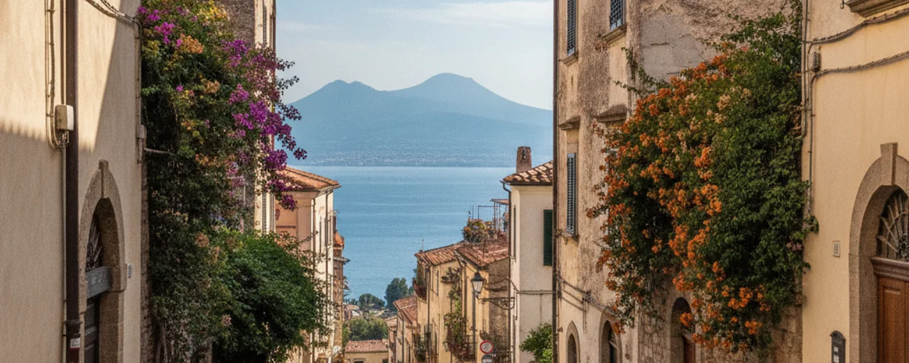 Charming Sorrento street with vibrant bougainvillea overlooking Bay of Naples and Vesuvius. Ideal for sustainable travel.