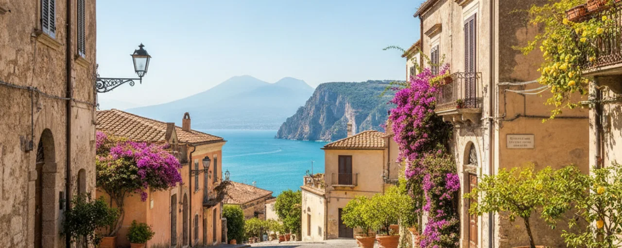 Sorrento street with vibrant bougainvillea, classic architecture, and Bay of Naples vista, for sustainable travel.