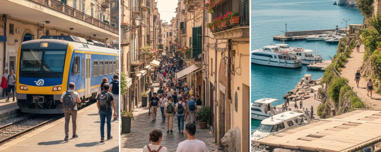 Sorrento sustainable travel journey: Train station, vibrant old town street, and picturesque coastal path with boats.