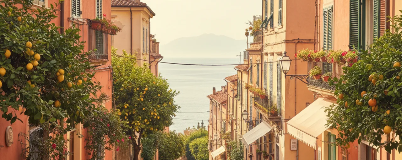 Charming Sorrento street lined with vibrant lemon trees and colorful historic buildings, offering a distant view of the Mediterranean Sea.