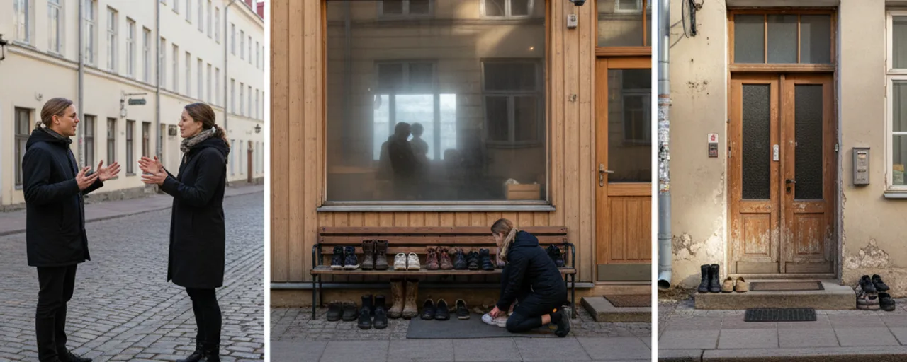 Locals interacting on a cobblestone street and traditional shoe-free entryways in Tallinn, highlighting sustainable travel.