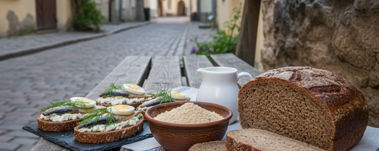 Traditional Estonian sprat sandwiches with rye bread on a rustic table in Tallinn's old town, highlighting local, sustainable travel food.