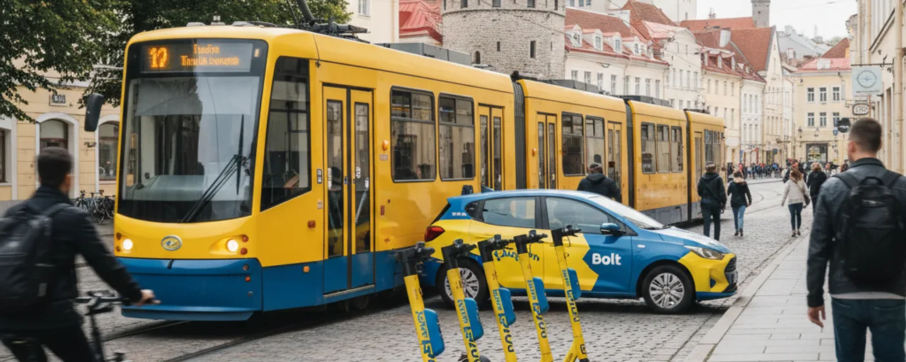 Tallinn street scene featuring a yellow tram, Bolt car, e-scooters, and a cyclist, highlighting sustainable travel.