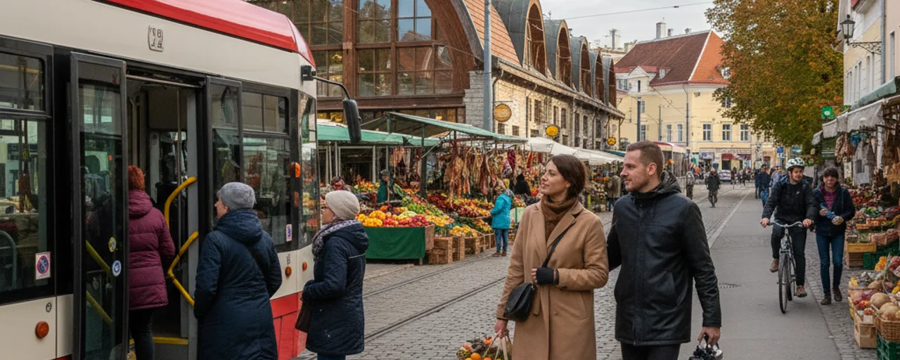 Sustainable travel in Tallinn: locals board a tram and shop at a lively outdoor market with historic buildings.
