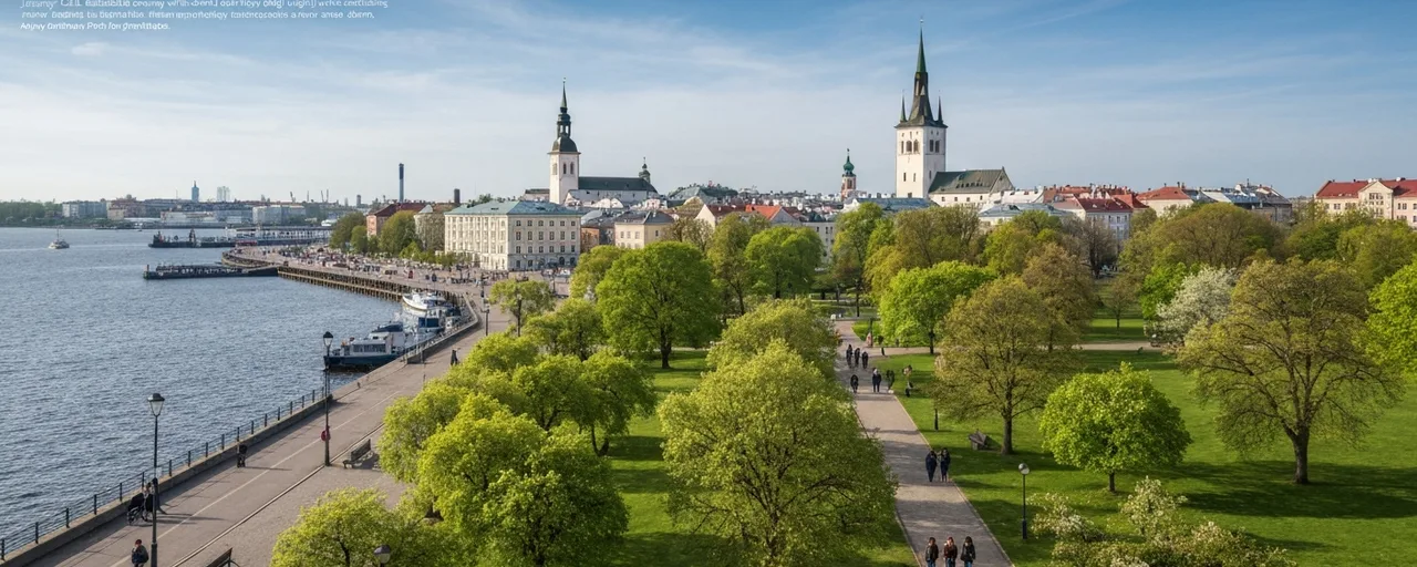 Panoramic view of Tallinn's Old Town waterfront, lush park, and iconic steeples, perfect for sustainable travel.